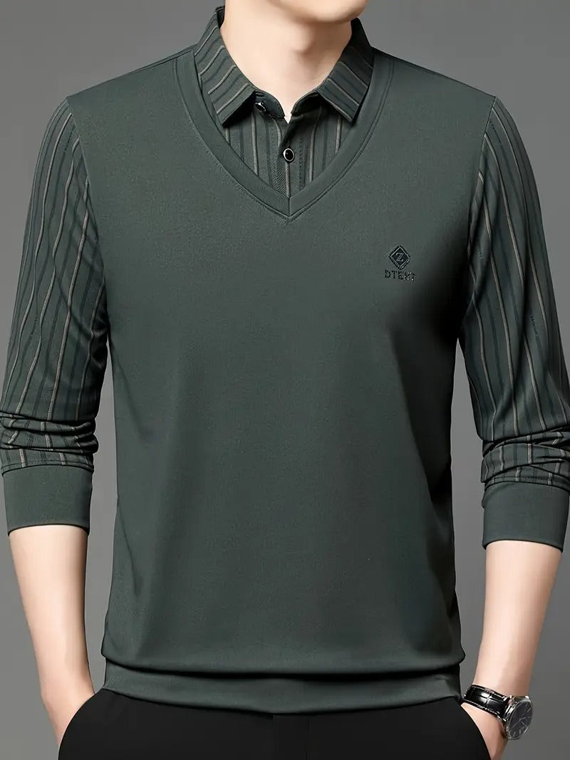 Men’s Dark Green V-Neck T-Shirt with Striped Style Sleeves