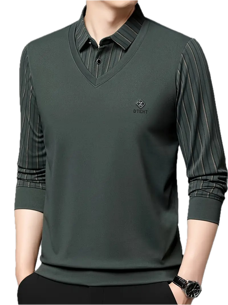 Dark Green V-Neck T-Shirt with Striped Style Sleeves
