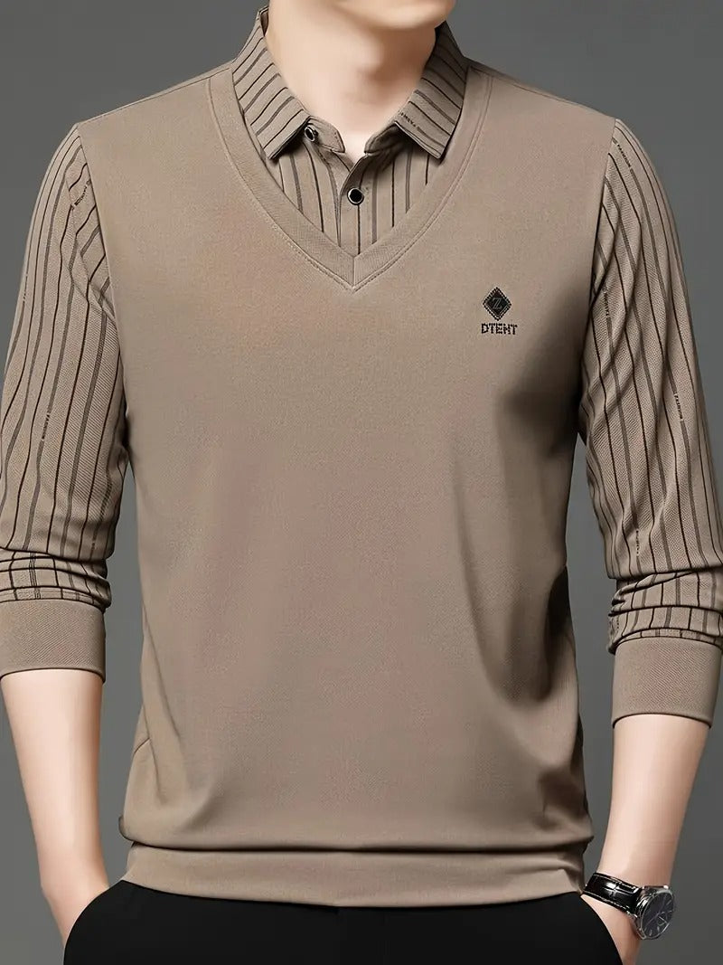 Men’s Khaki V-Neck Sweater with Striped Shirt Style Sleeves