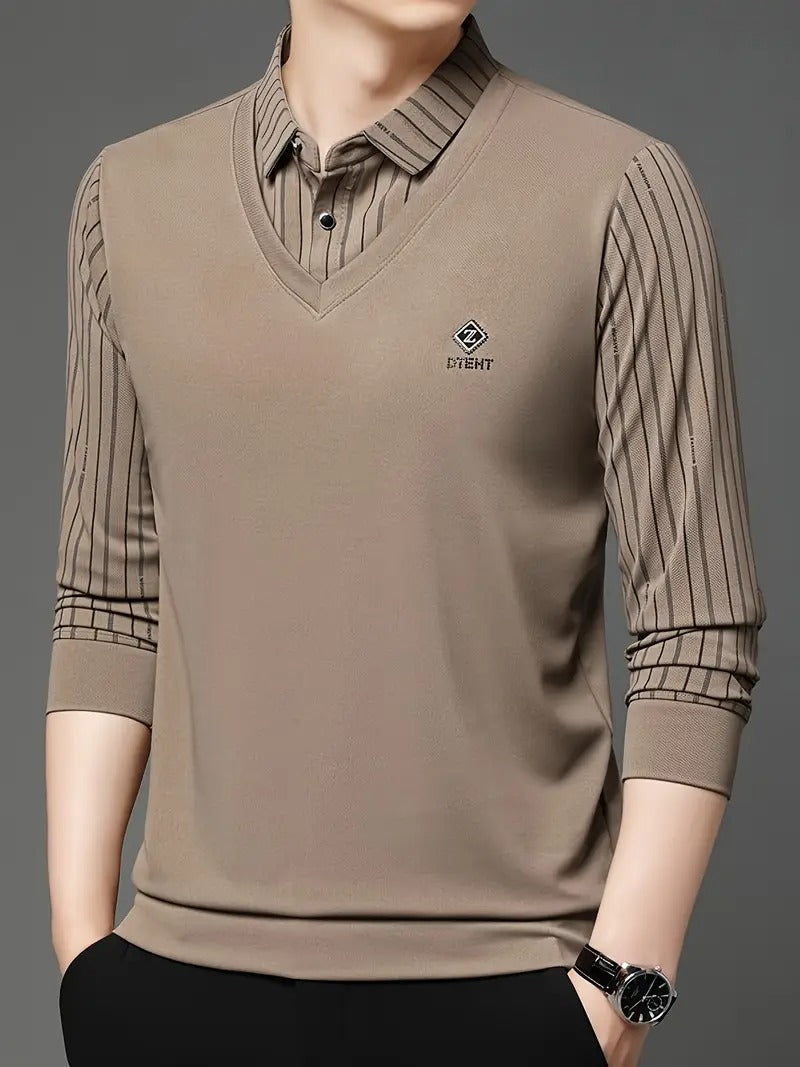 Men’s Khaki V-Neck Sweater with Striped Shirt Style Sleeves