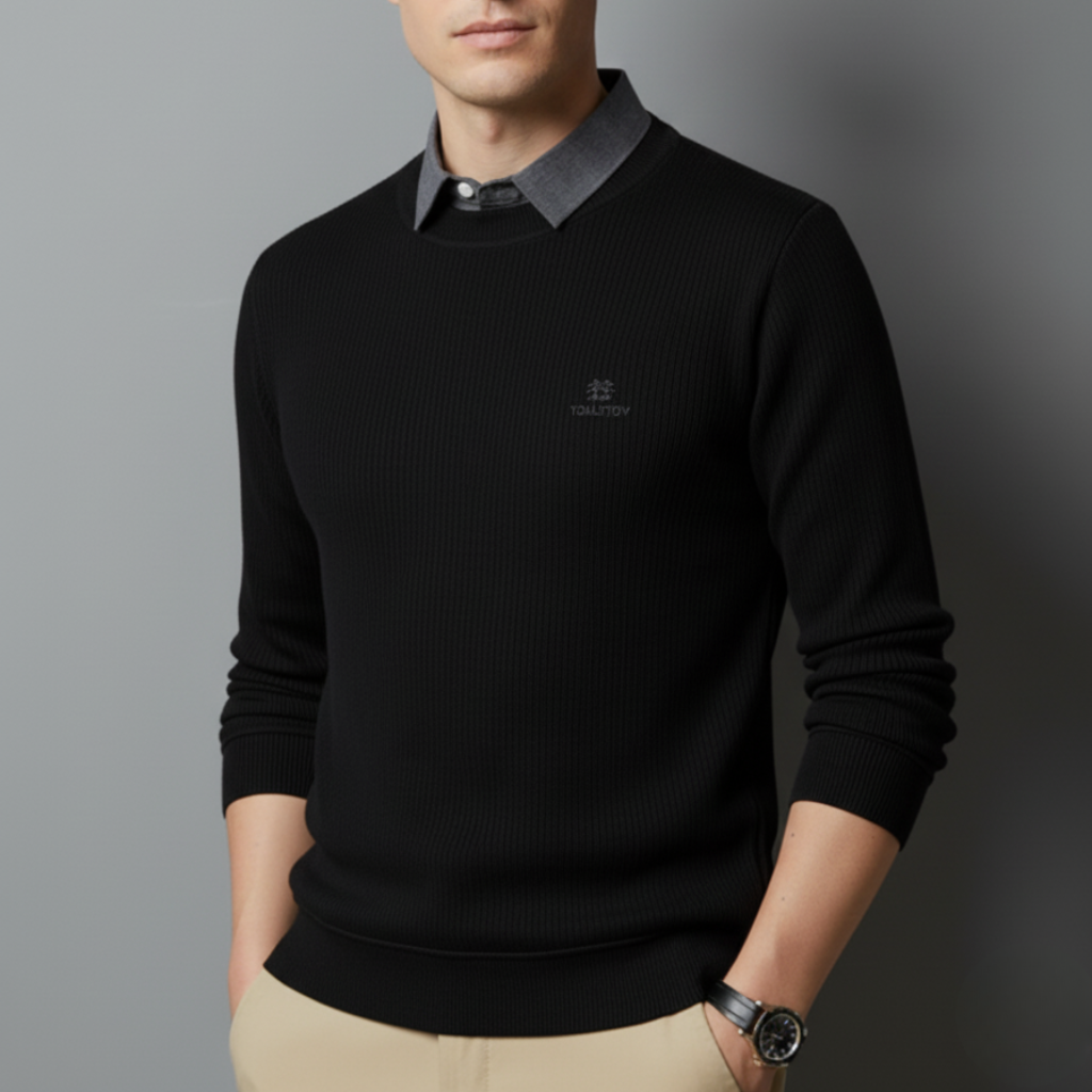 Men’s Black Ribbed T-Shirt with Grey Shirt Collar