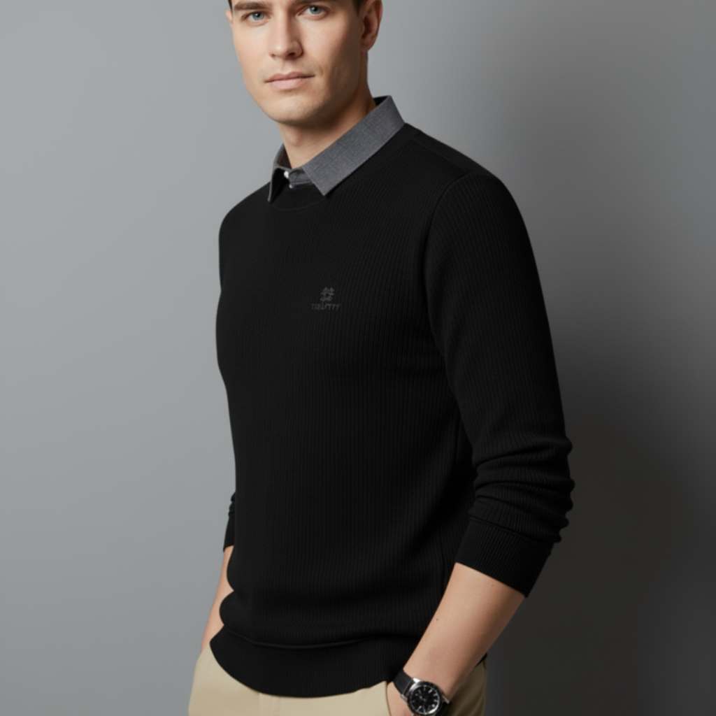 Men’s Black Ribbed T-Shirt with Grey Shirt Collar