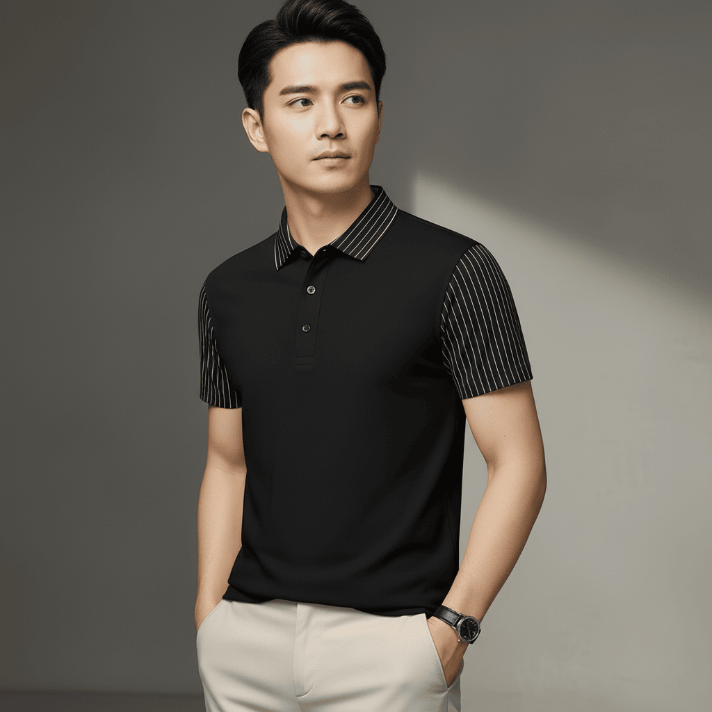 Black Polo T-Shirt with Striped Sleeves