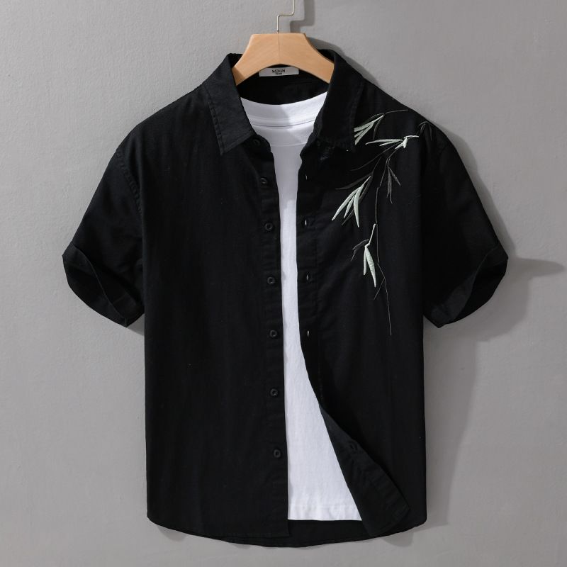 Men’s black bamboo embroidered short sleeve layered shirt with inner t-shirt