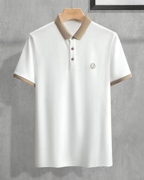 Men’s White Polo T-Shirt with Beige Collar
