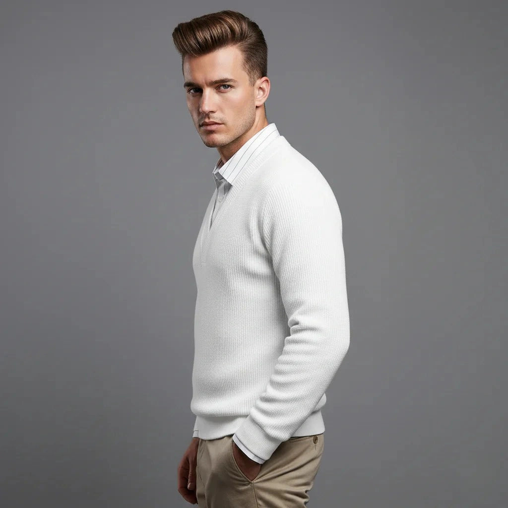 White Textured V-Neck T-Shirt with Shirt Collar