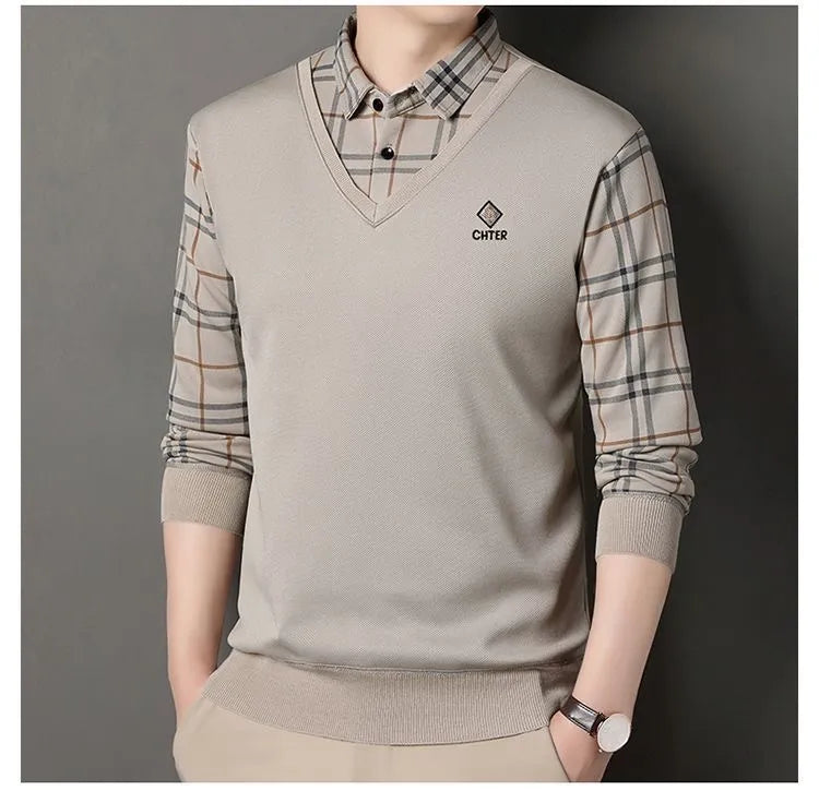 beige vneck check shirt