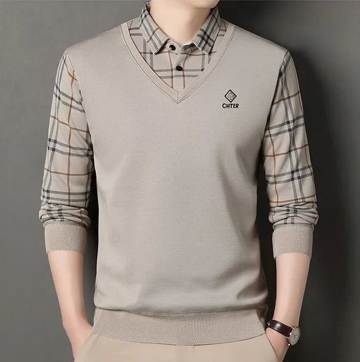 beige vneck check sleeve
