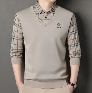 beige vneck check sleeve