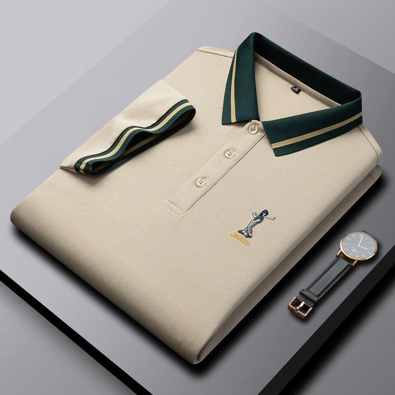 Men’s beige polo t-shirt with green contrast collar