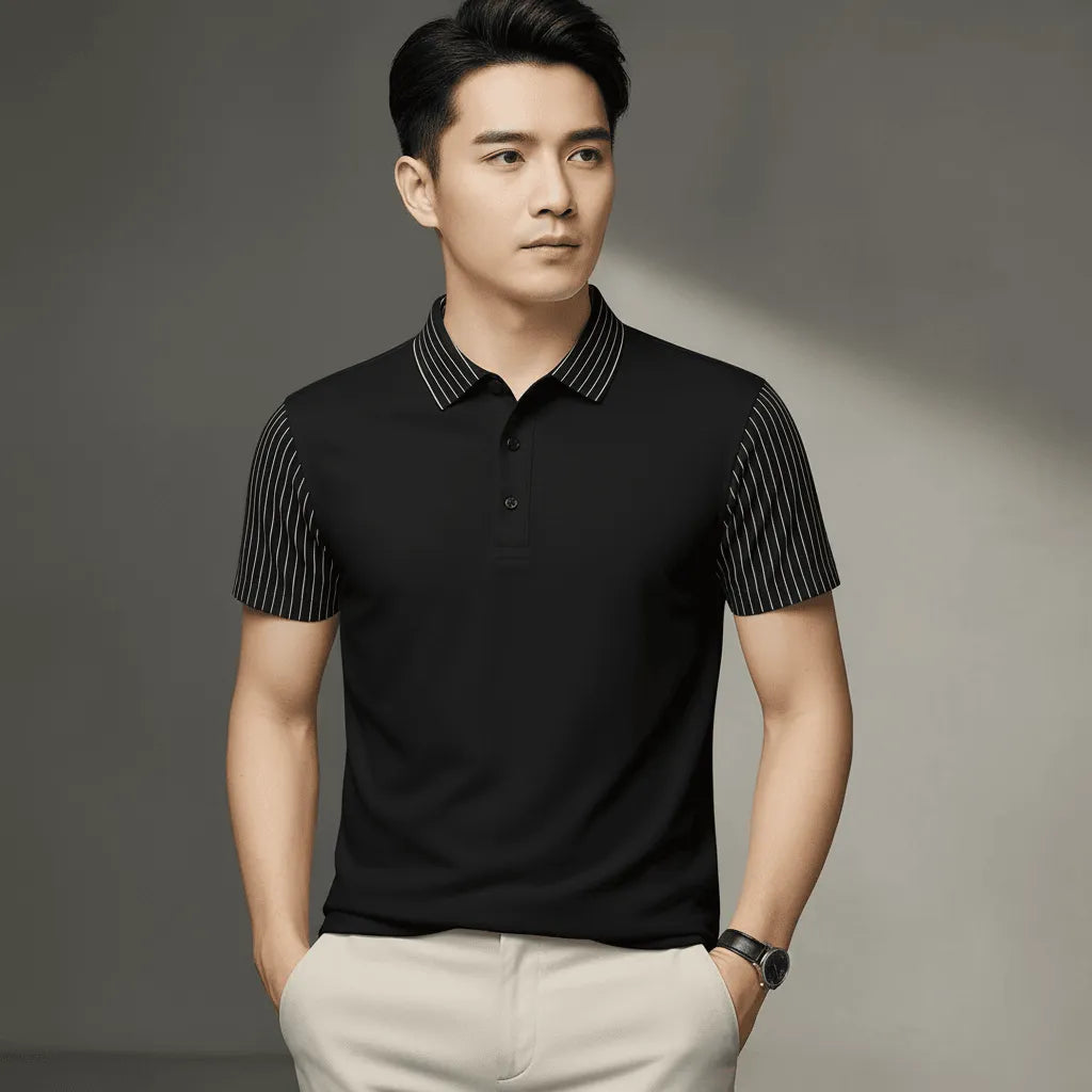 black polo t-shirt with striped sleeves