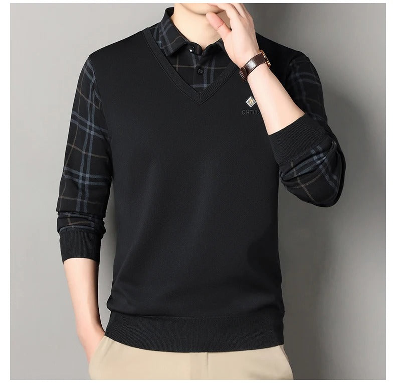 Men’s black V-neck sweater with shirt style sleeves