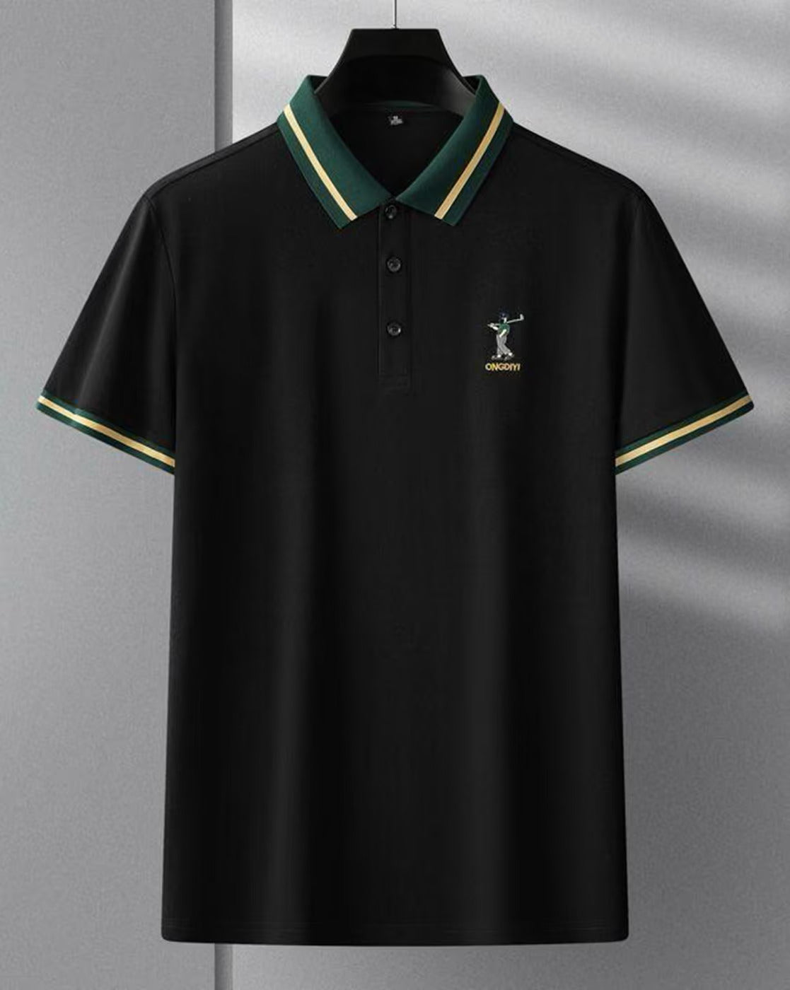 Men’s Black Polo T-Shirt with Green Contrast Collar