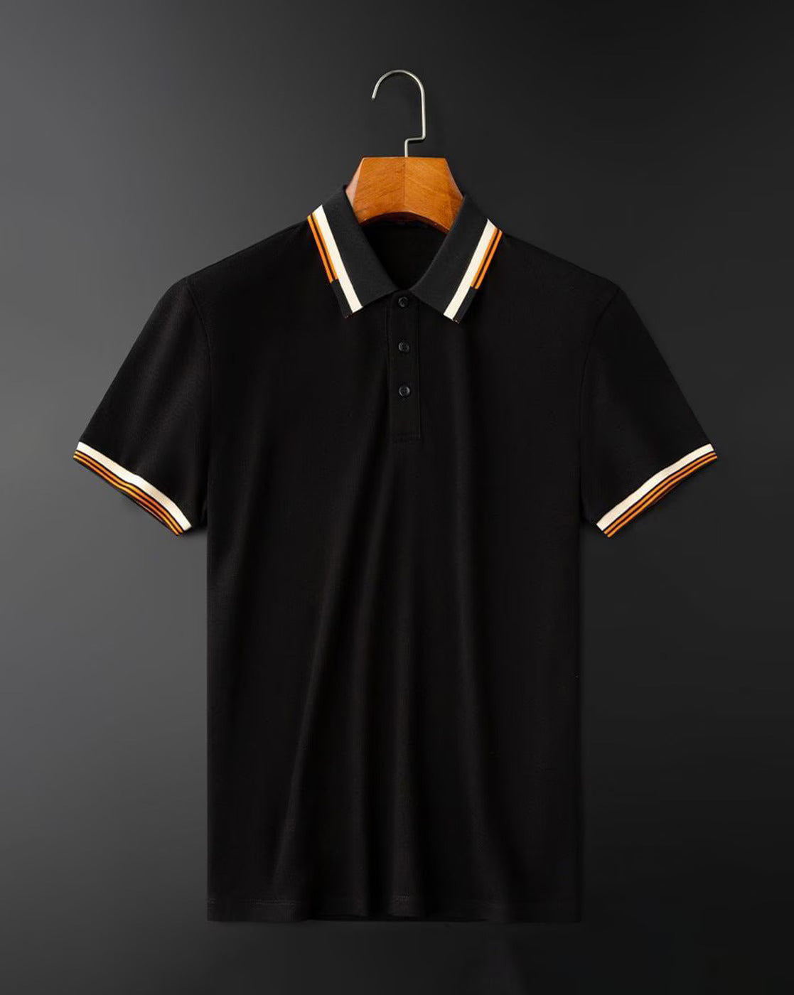 Men’s Black Polo T-Shirt with White Orange Striped Collar