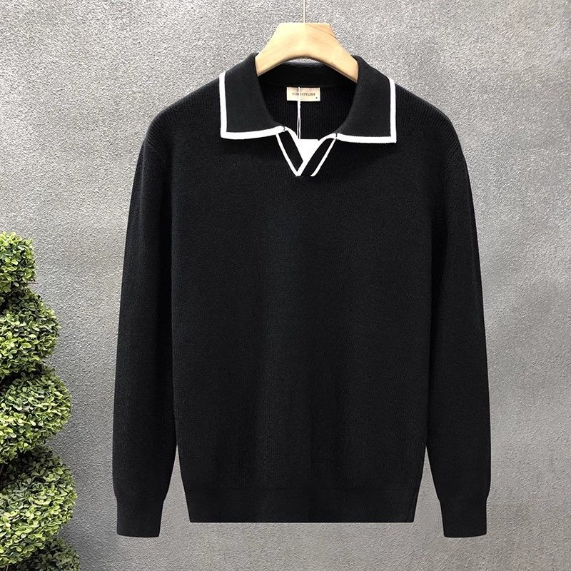 Men’s Black Knitted Polo T-Shirt with White Border