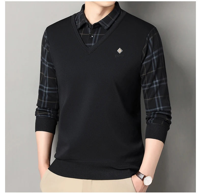 Men’s black V-neck sweater with check shirt style sleeves