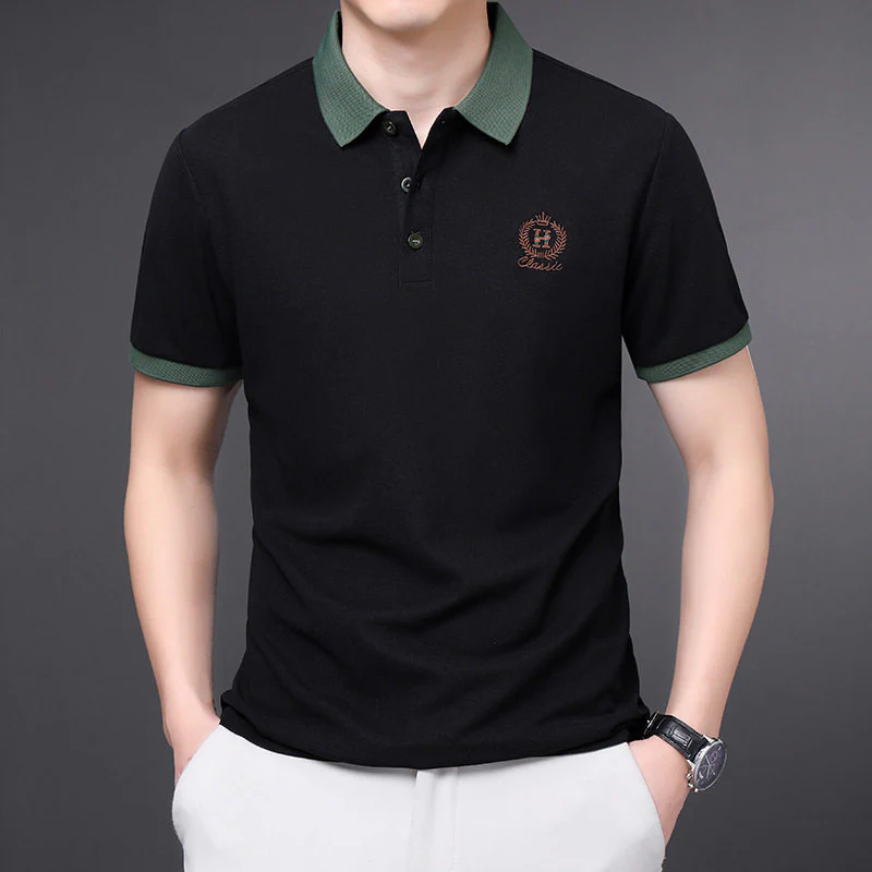 Men’s Black Polo T-Shirt with Green Collar