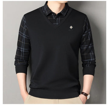 Men’s black V-neck sweater with check shirt style sleeves