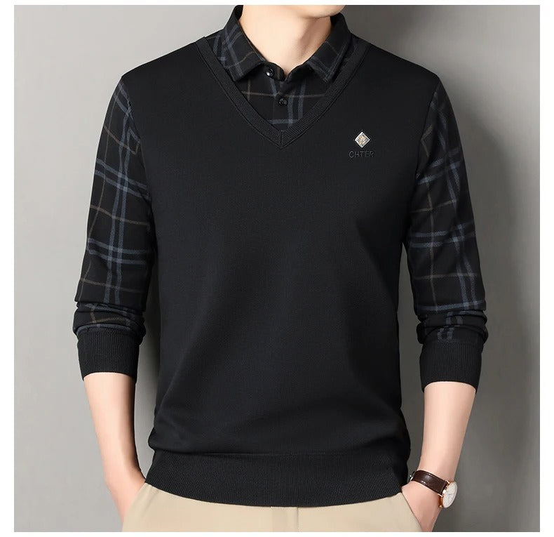 Men’s black V-neck sweater with check shirt style sleeves