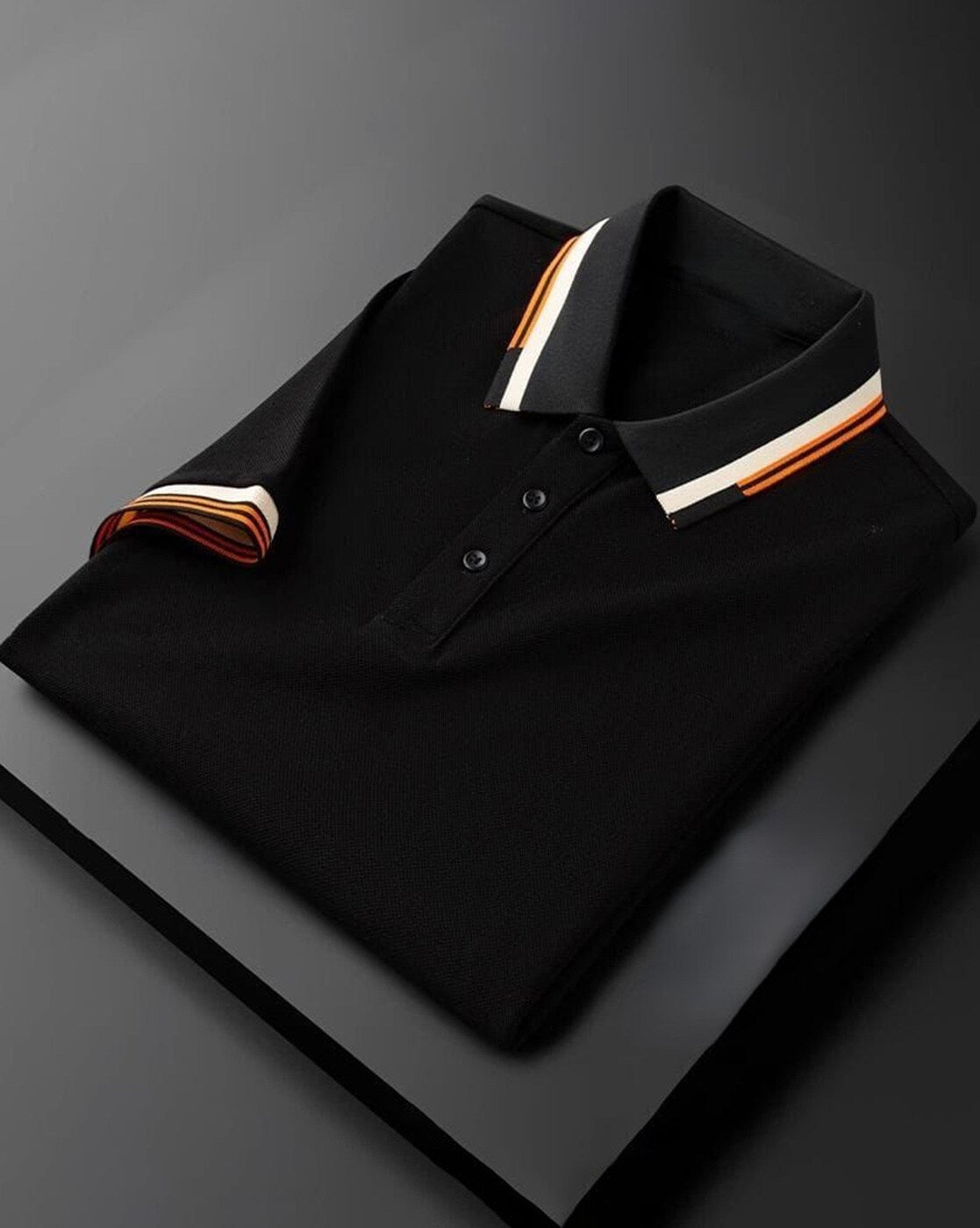 Men’s Black Polo T-Shirt with Striped Collar