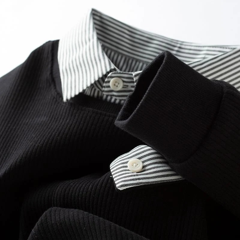 Buy Black Ribbed T-Shirt with Striped Shirt Collar