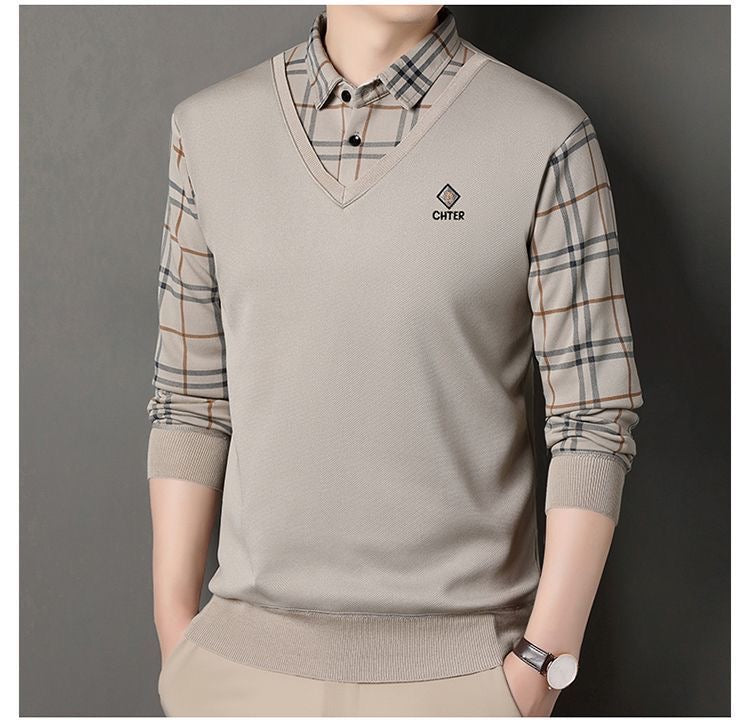 Men’s beige V-neck sweater with check shirt 