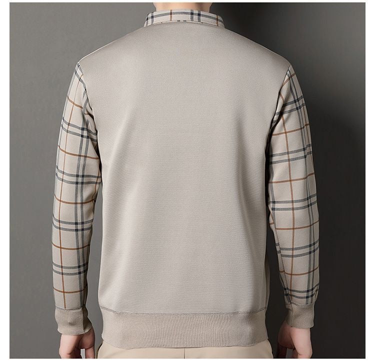 Men’s beige V-neck sweater with shirt style sleeves