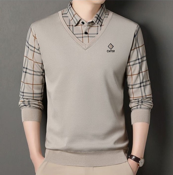 Men’s beige V-neck sweater with check shirt style sleeves