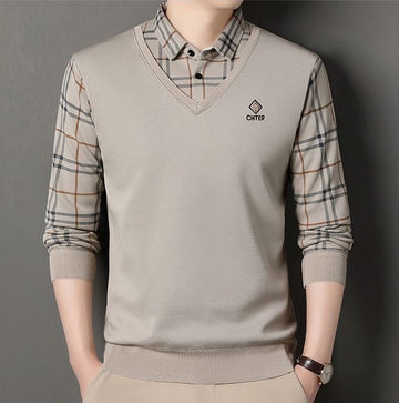 Men’s beige V-neck sweater with check shirt style sleeves