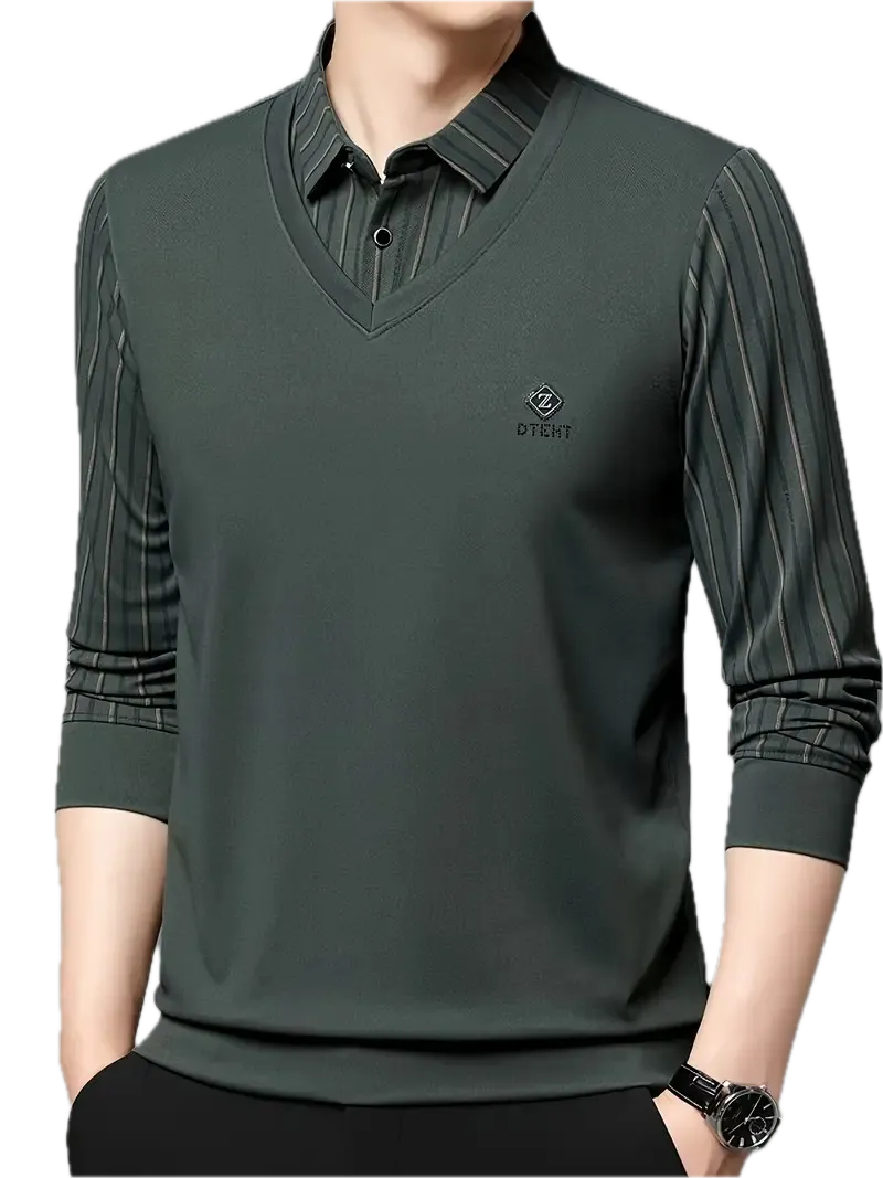 darkgreen striped vneck shirt