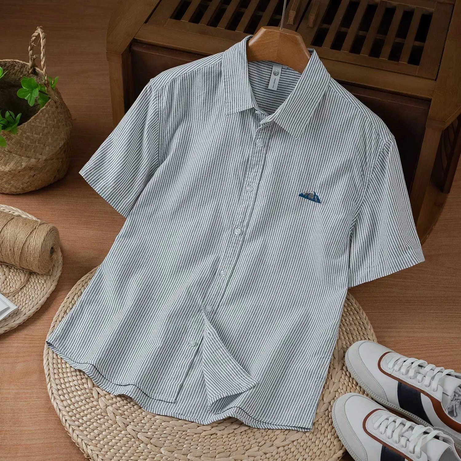 grey striped casual men's shirt