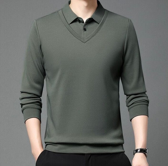 Green Textured V-Neck Polo T-Shirt