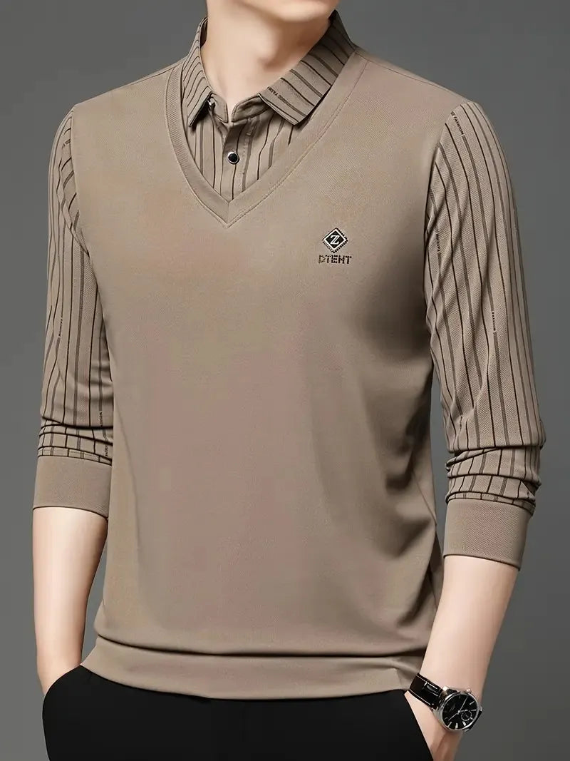 khaki striped vneck sweater