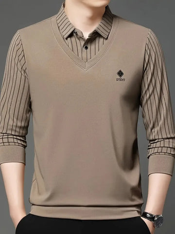 khaki vneck striped sweater