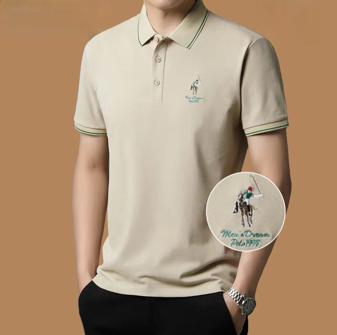 mens beige green pipe polo