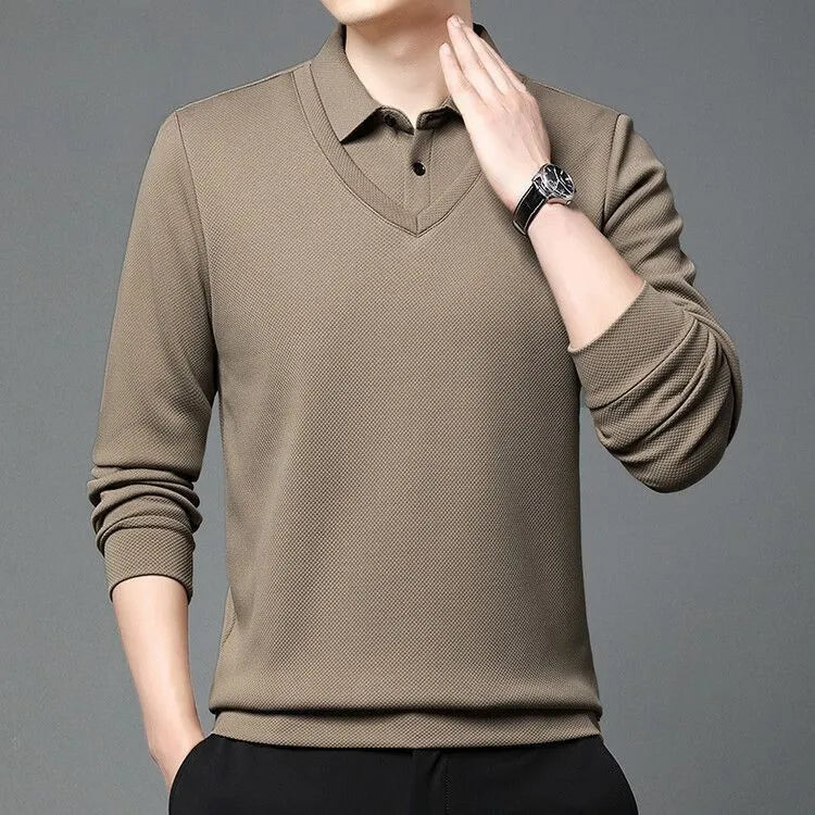 mens beige vneck polo