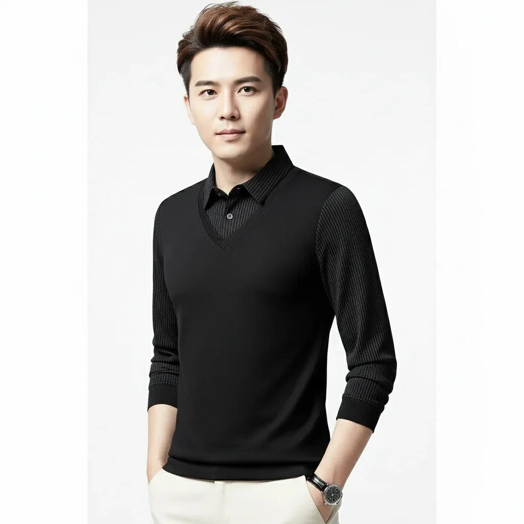 mens black v-neck with striped t-shirt