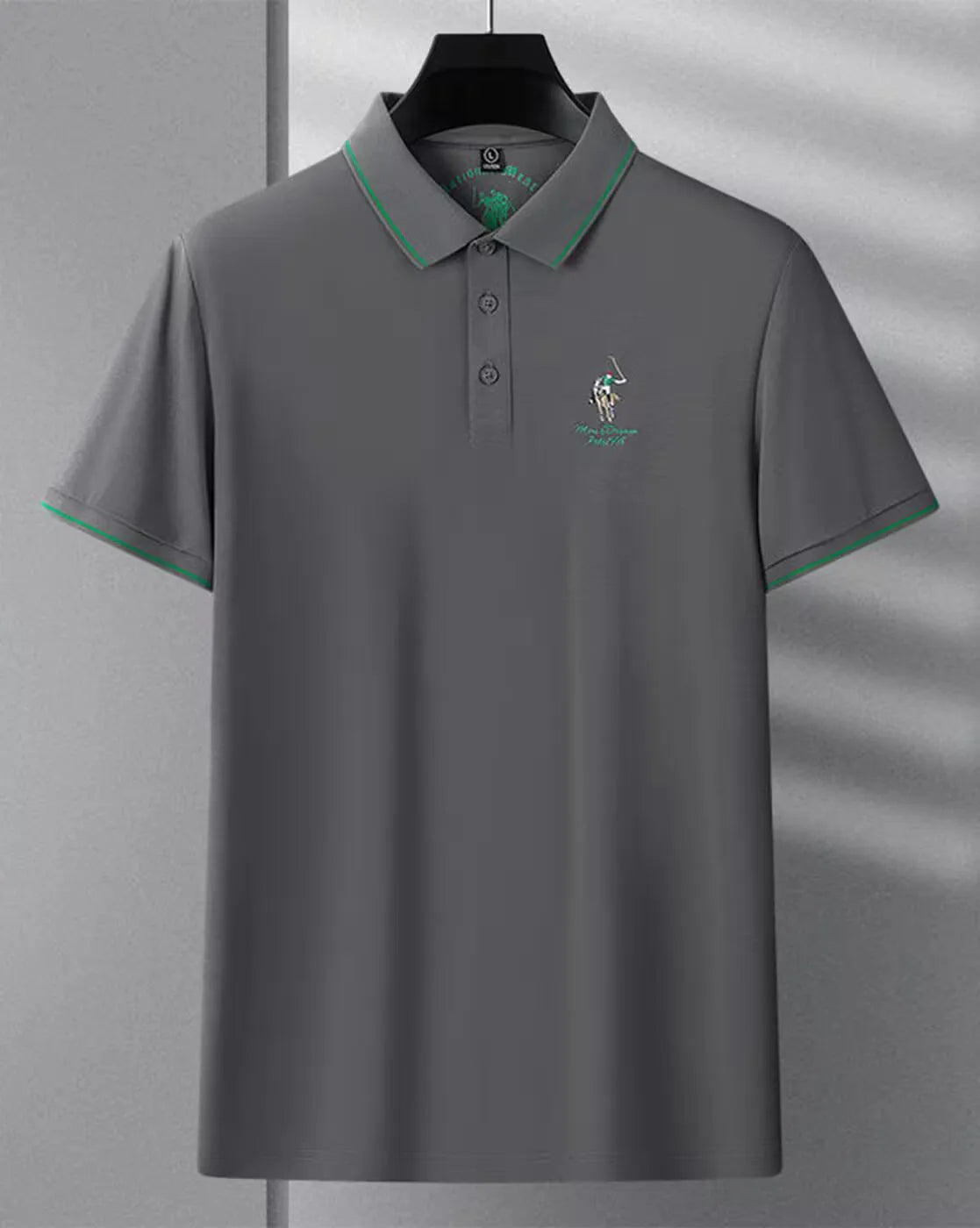mens grey green pipe polo
