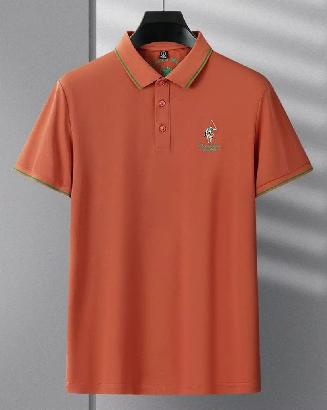 mens orange green pipe polo