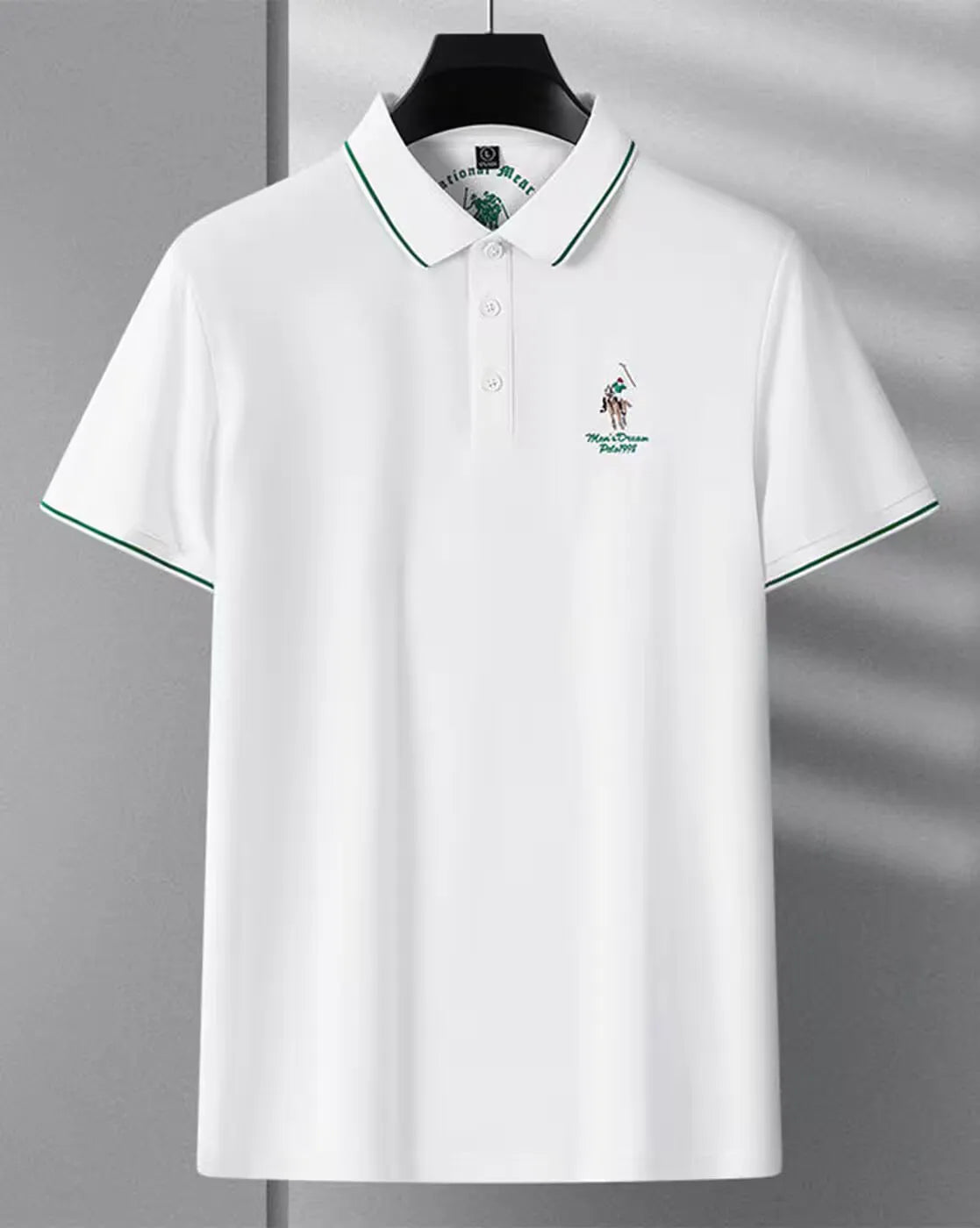 mens white green pipe polo