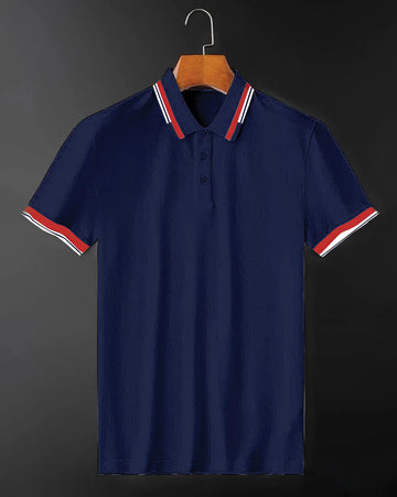 navy blue redwhite collar