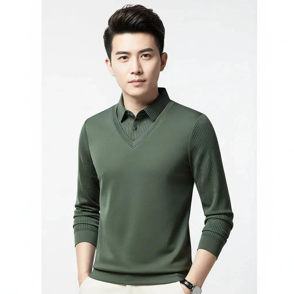 olive green v-neck striped t-shirt