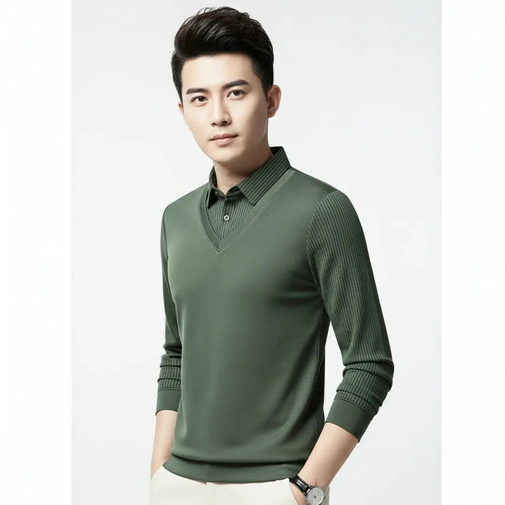 olive green v-neck striped t-shirt