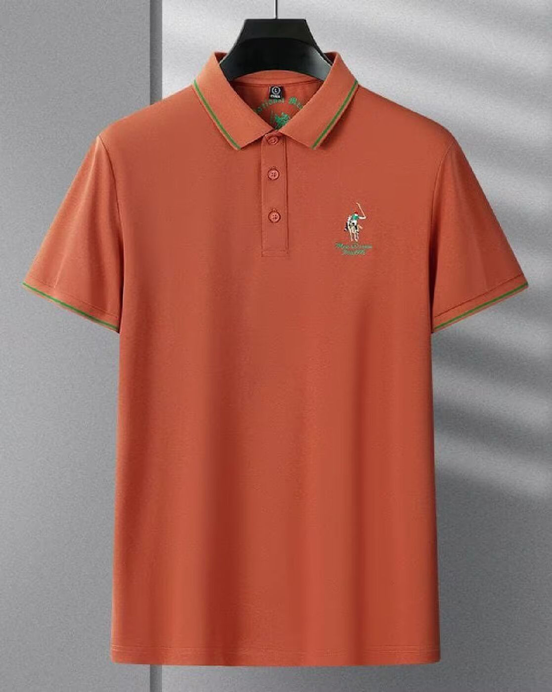 Men’s Orange Polo T-Shirt with Green Piping Collar