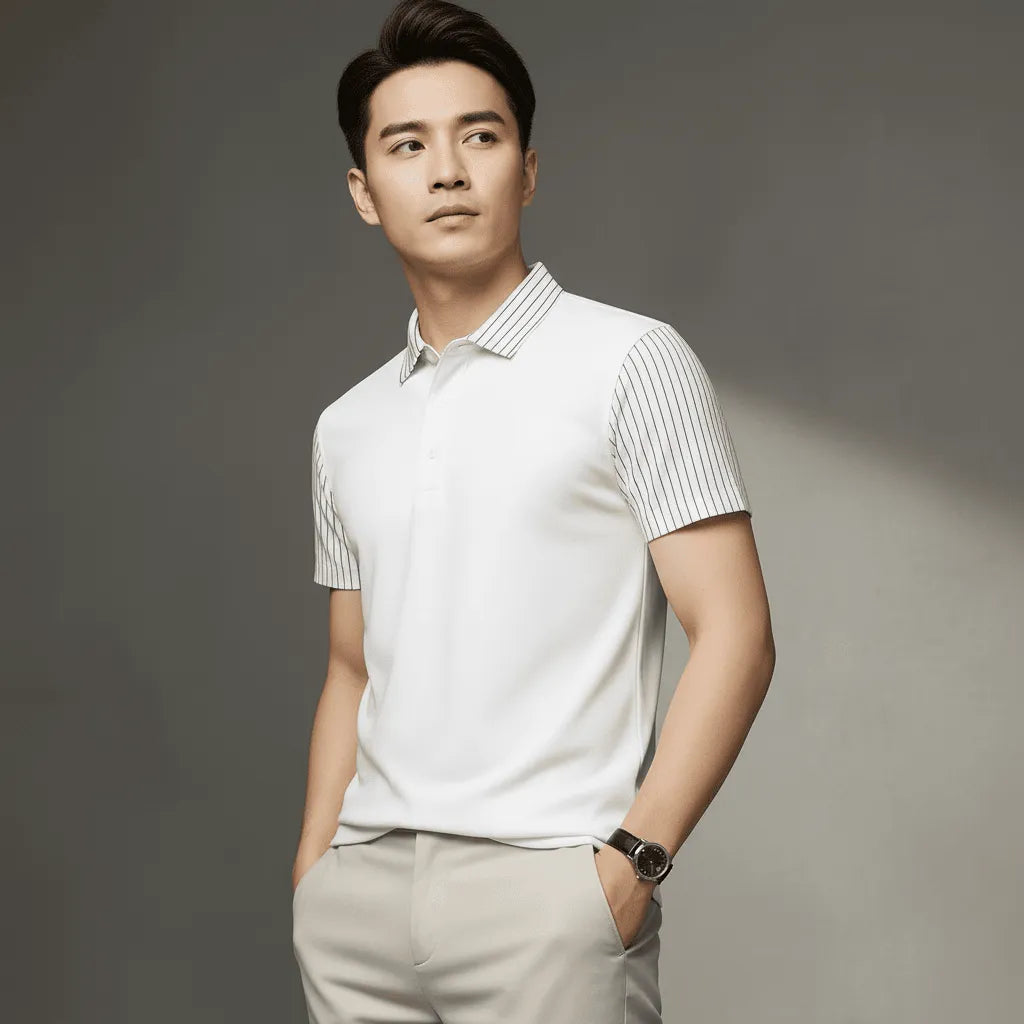 white polo t-shirt with striped sleeves