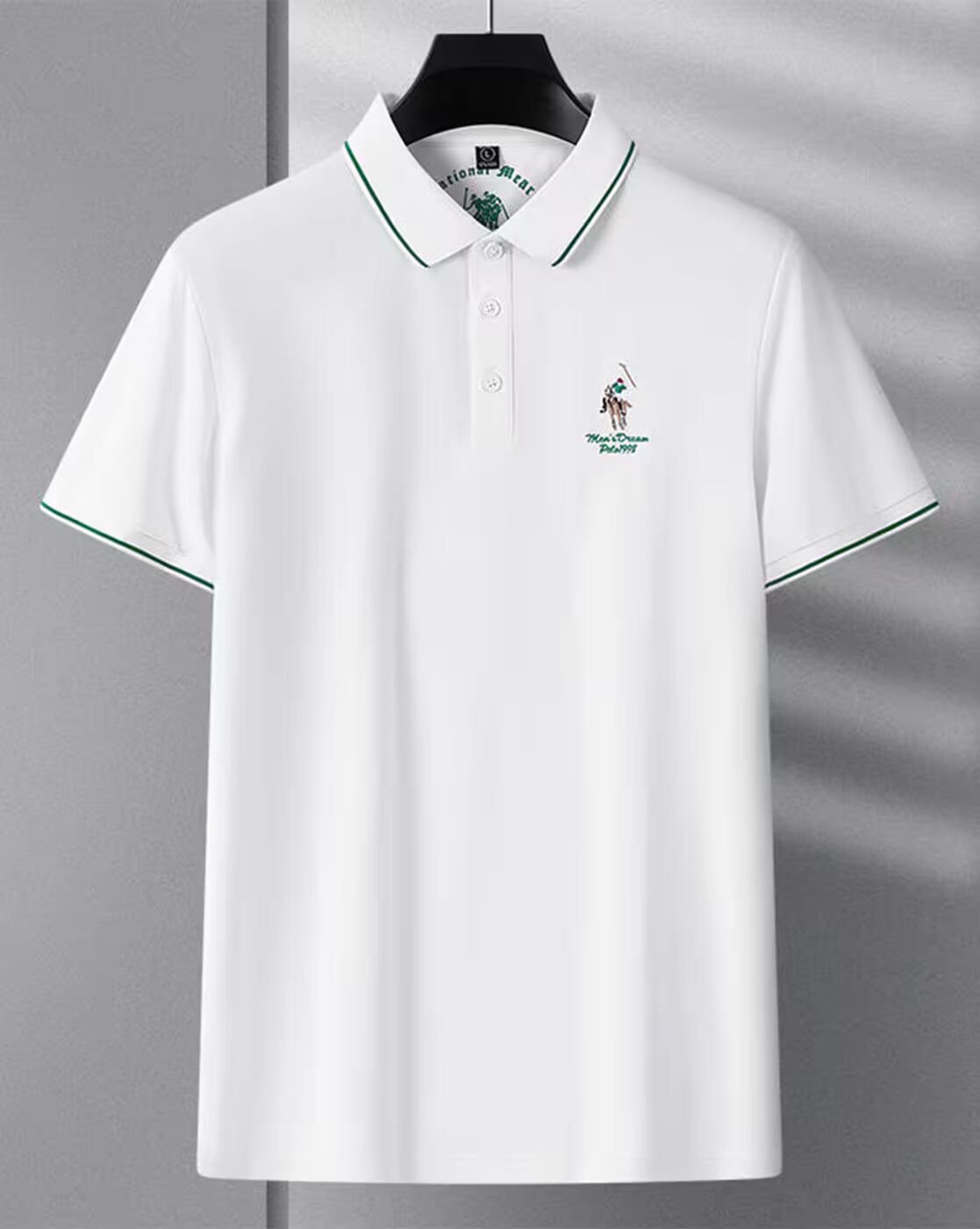 Men’s White Polo T-Shirt with Green Piping Collar