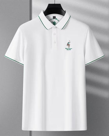 Men’s White Polo T-Shirt with Green Piping Collar