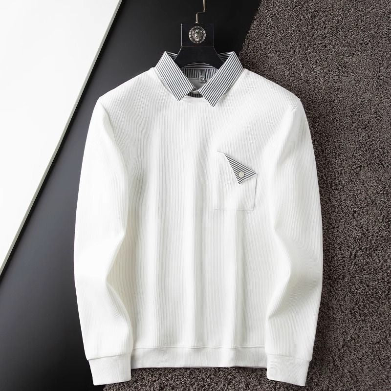 Men’s White Ribbed T-Shirt with Striped Shirt Collar