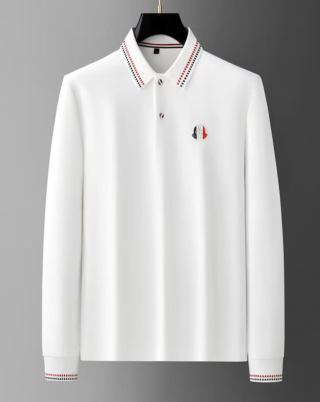 Men’s White Full Sleeve Polo T-Shirt with Striped Collar