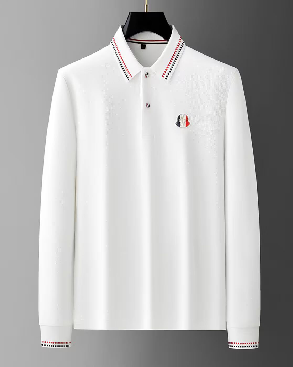 Men’s White Full Sleeve Polo T-Shirt with Striped Collar